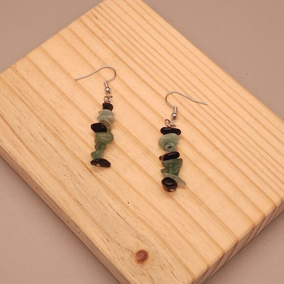 Boho Natural Stone Drop Earrings with Black and Green Stones – Handmade Jewelry - Picture 1 of 3